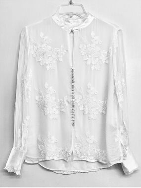 Elegant Off-White Silk Embroidered Blouse - Sheer Floral Lace Long Sleeve Top S